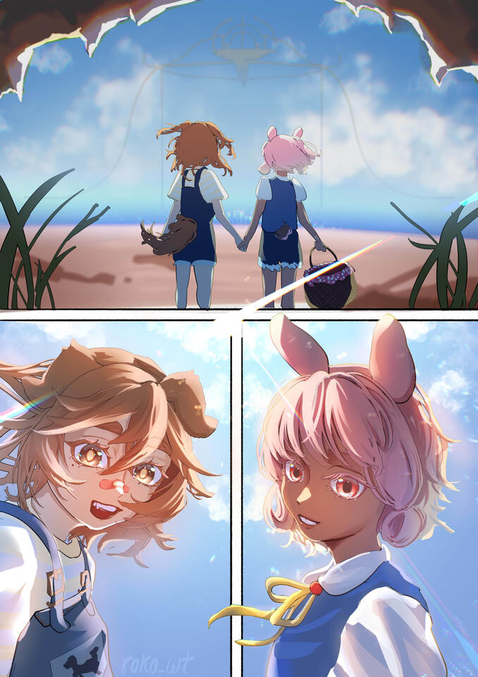 Halley and Max on the shore of Canis, looking at Vivaria in the distance.